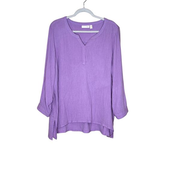 Susan Graver Pure size 1X purple 100% cotton guaze high-low hem lagenlook summer - Picture 1 of 6